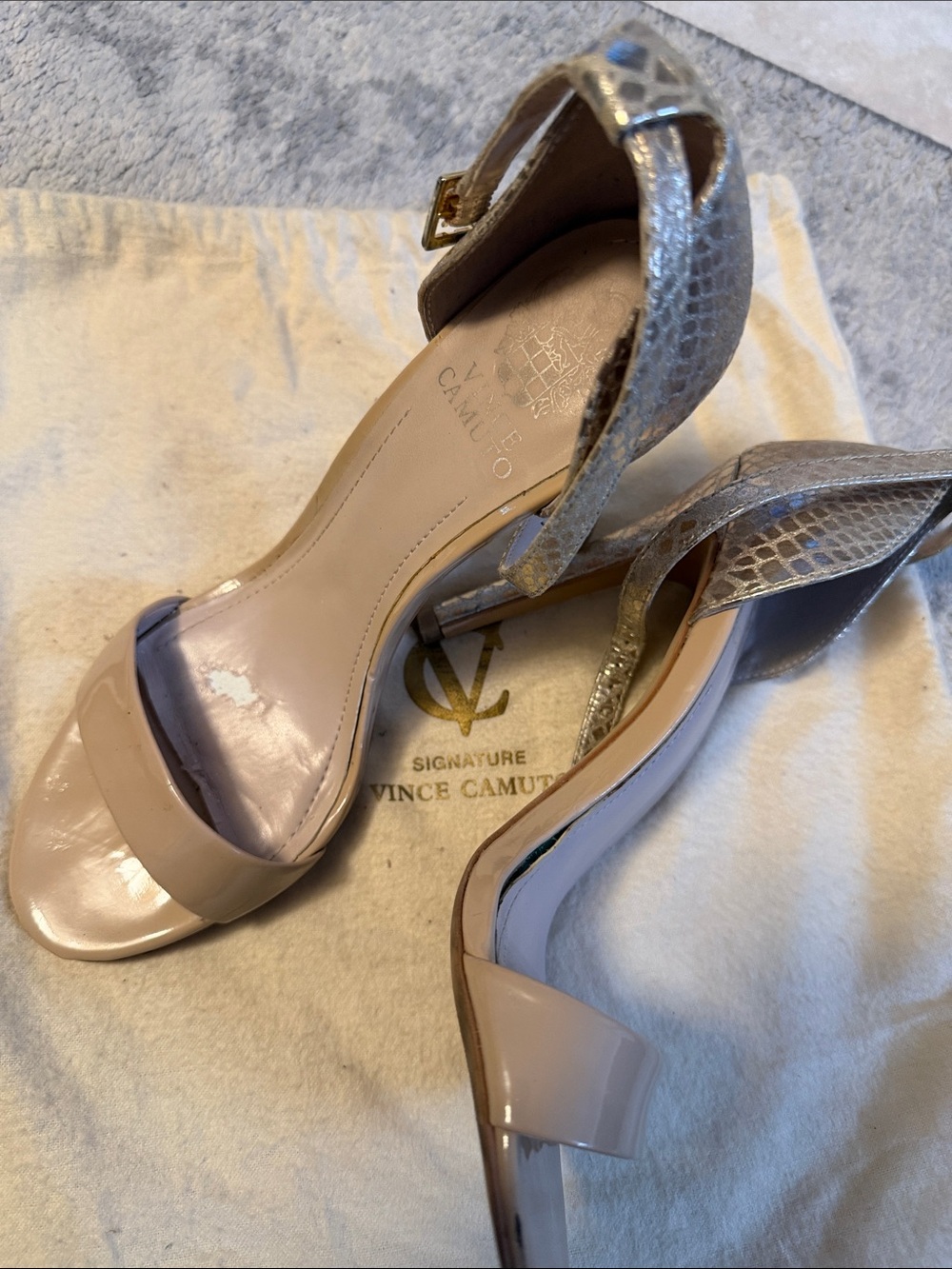 Vince Camuto Blush Patent & Metallic Ankle Strap Heels